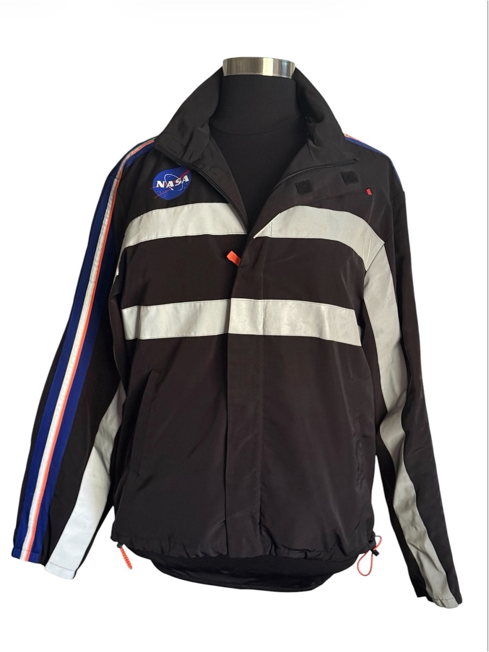 Forever 21 Black NASA Patch Windbreaker White,Blue Stripes Zip closure Unisex XL